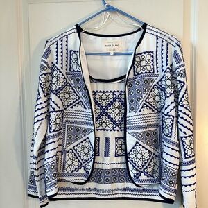 River Island Abstract Print Embroidered Beaded Blue & White Open Blazer, Size 12